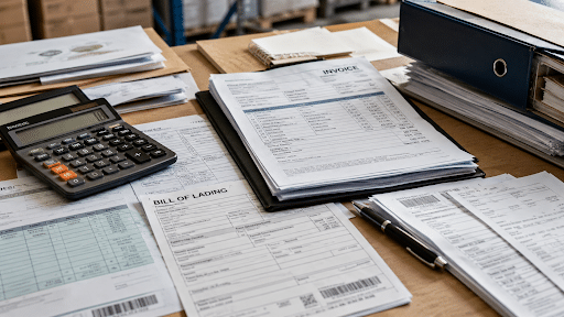 Business records, invoices, and financial documents on a desk