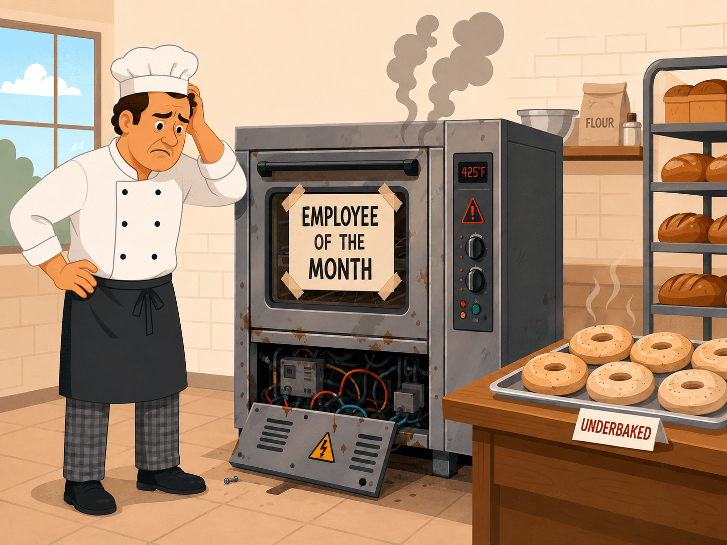 Frustrated bakery owner beside a defective commercial oven with underbaked bagels and an “Employee of the Month” sign taped to the door.